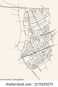 Detailed navigation black lines urban street roads map of the GARTENSTADT DISTRICT of the German regional capital city of Ludwigshafen am Rhein, Germany on vintage beige background