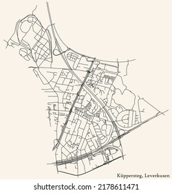 Detailed navigation black lines urban street roads map of the KÜPPERSTEG DISTRICT of the German regional capital city of Leverkusen, Germany on vintage beige background