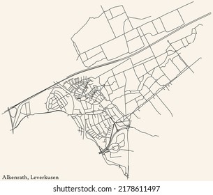 Detailed navigation black lines urban street roads map of the ALKENRATH DISTRICT of the German regional capital city of Leverkusen, Germany on vintage beige background