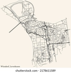 Detailed navigation black lines urban street roads map of the WIESDORF DISTRICT of the German regional capital city of Leverkusen, Germany on vintage beige background