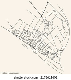 Detailed navigation black lines urban street roads map of the HITDORF DISTRICT of the German regional capital city of Leverkusen, Germany on vintage beige background