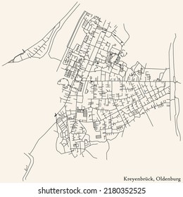 Detailed navigation black lines urban street roads map of the KREYENBRÜCK DISTRICT of the German regional capital city of Oldenburg, Germany on vintage beige background