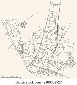 Detailed navigation black lines urban street roads map of the NADORST DISTRICT of the German regional capital city of Oldenburg, Germany on vintage beige background