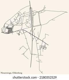 Detailed navigation black lines urban street roads map of the NEUENWEGE DISTRICT of the German regional capital city of Oldenburg, Germany on vintage beige background