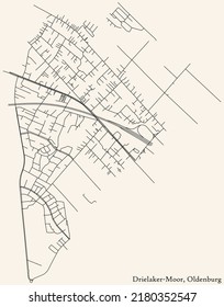 Detailed navigation black lines urban street roads map of the DRIELAKER MOOR DISTRICT of the German regional capital city of Oldenburg, Germany on vintage beige background