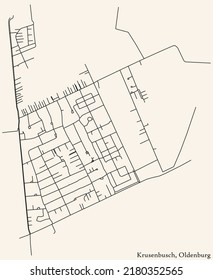Detailed navigation black lines urban street roads map of the KRUSENBUSCH DISTRICT of the German regional capital city of Oldenburg, Germany on vintage beige background