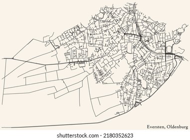 Mapa detallado de las líneas negras de navegación en las calles urbanas del DISTRITO EVERSTEN de la capital regional alemana de Oldenburg, Alemania sobre el fondo beige vintage