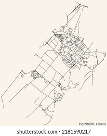 Detailed navigation black lines urban street roads map of the HOLZHEIM DISTRICT of the German regional capital city of Neuss, Germany on vintage beige background