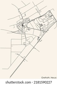 Detailed navigation black lines urban street roads map of the GREFRATH DISTRICT of the German regional capital city of Neuss, Germany on vintage beige background
