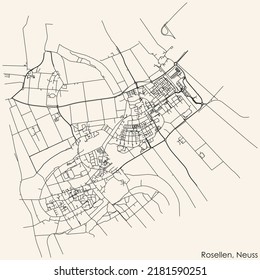 Detailed navigation black lines urban street roads map of the ROSELLEN DISTRICT of the German regional capital city of Neuss, Germany on vintage beige background