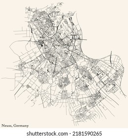 Detailed navigation black lines urban street roads map of the German regional capital city of NEUSS, GERMANY on vintage beige background
