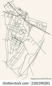 Detailed navigation black lines urban street roads map of the AUGUSTINUSVIERTEL DISTRICT of the German regional capital city of Neuss, Germany on vintage beige background