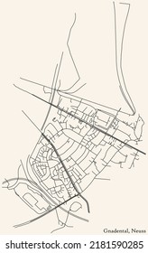 Detailed navigation black lines urban street roads map of the GNADENTAL DISTRICT of the German regional capital city of Neuss, Germany on vintage beige background