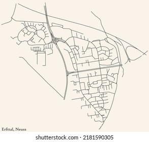 Detailed navigation black lines urban street roads map of the ERFTTAL DISTRICT of the German regional capital city of Neuss, Germany on vintage beige background