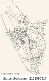 Detailed navigation black lines urban street roads map of the STADIONVIERTEL DISTRICT of the German regional capital city of Neuss, Germany on vintage beige background