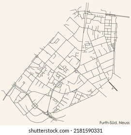 Detailed navigation black lines urban street roads map of the FURTH-SÜD DISTRICT of the German regional capital city of Neuss, Germany on vintage beige background