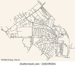 Detailed navigation black lines urban street roads map of the WEISSENBERG DISTRICT of the German regional capital city of Neuss, Germany on vintage beige background