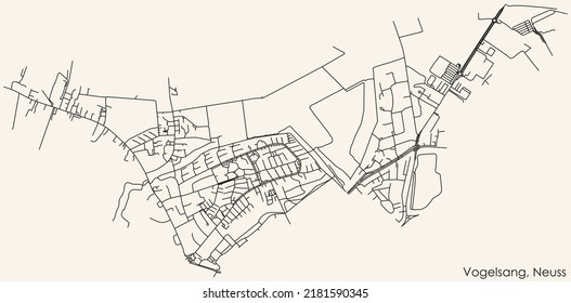 Detailed navigation black lines urban street roads map of the VOGELSANG DISTRICT of the German regional capital city of Neuss, Germany on vintage beige background