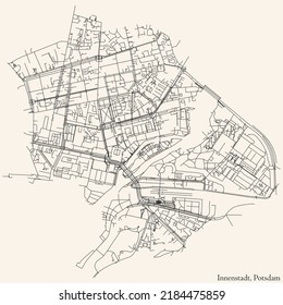 Detailed navigation black lines urban street roads map of the INNENSTADT BOROUGH of the German regional capital city of Potsdam, Germany on vintage beige background