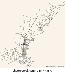 Mapa detallado de las líneas negras de navegación en las calles urbanas del DISTRITO GROSS GLIENICKE de la capital regional alemana de Potsdam, Alemania sobre fondo beige vintage