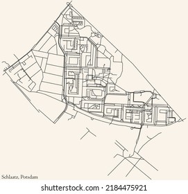 Detailed navigation black lines urban street roads map of the SCHLAATZ DISTRICT of the German regional capital city of Potsdam, Germany on vintage beige background