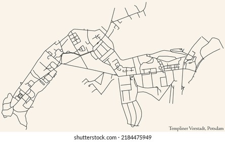 Detailed navigation black lines urban street roads map of the TEMPLINER VORSTADT DISTRICT of the German regional capital city of Potsdam, Germany on vintage beige background