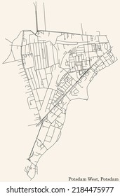 Detailed navigation black lines urban street roads map of the POTSDAM WEST DISTRICT of the German regional capital city of Potsdam, Germany on vintage beige background