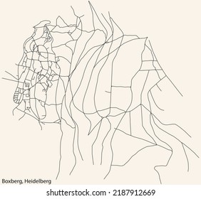 Detailed navigation black lines urban street roads map of the BOXBERG DISTRICT of the German regional capital city of Heidelberg, Germany on vintage beige background