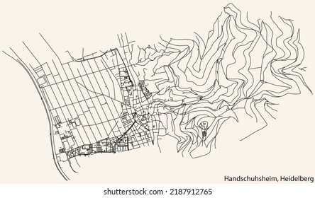 Detailed navigation black lines urban street roads map of the HANDSCHUHSHEIM DISTRICT of the German regional capital city of Heidelberg, Germany on vintage beige background