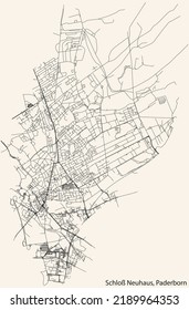 Detailed navigation black lines urban street roads map of the SCHLOSS NEUHAUS DISTRICT of the German regional capital city of Paderborn, Germany on vintage beige background