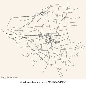 Detailed navigation black lines urban street roads map of the DAHL DISTRICT of the German regional capital city of Paderborn, Germany on vintage beige background