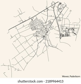 Detailed navigation black lines urban street roads map of the WEWER DISTRICT of the German regional capital city of Paderborn, Germany on vintage beige background