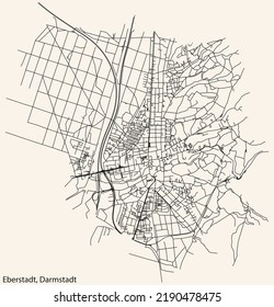 Detailed navigation black lines urban street roads map of the EBERSTADT DISTRICT of the German regional capital city of Darmstadt, Germany on vintage beige background
