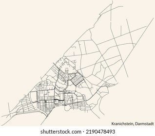 Detailed navigation black lines urban street roads map of the KRANICHSTEIN DISTRICT of the German regional capital city of Darmstadt, Germany on vintage beige background