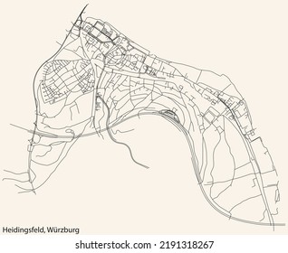 Detailed navigation black lines urban street roads map of the HEIDINGSFELD DISTRICT of the German regional capital city of Würzburg, Germany on vintage beige background