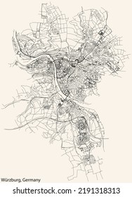 Detailed navigation black lines urban street roads map of the German regional capital city of WÜRZBURG, GERMANY on vintage beige background