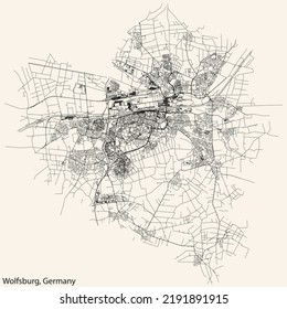 Detaillierte Navigation mit schwarzen Linien Stadtstraßen Karte der deutschen Landeshauptstadt WOLFSBURG, DEUTSCHLAND auf beigem Hintergrund