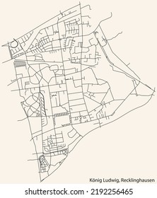 Detailed navigation black lines urban street roads map of the KÖNIG LUDWIG DISTRICT of the German regional capital city of Recklinghausen, Germany on vintage beige background