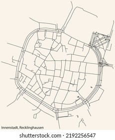Detailed navigation black lines urban street roads map of the INNENSTADT DISTRICT of the German regional capital city of Recklinghausen, Germany on vintage beige background