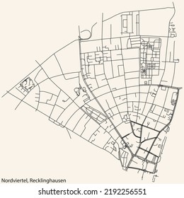 Detailed navigation black lines urban street roads map of the NORDVIERTEL DISTRICT of the German regional capital city of Recklinghausen, Germany on vintage beige background
