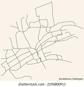 Detailed navigation black lines urban street roads map of the KNUTBÜHREN DISTRICT of the German regional capital city of Göttingen, Germany on vintage beige background