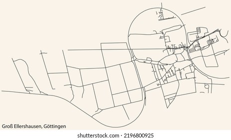 Mapa detallado de las líneas negras de navegación en las calles urbanas del DISTRITO GROSS ELLERSHAUSEN de la capital regional alemana de Göttingen, Alemania sobre fondo beige vintage