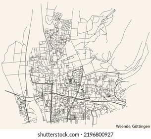 Detailed navigation black lines urban street roads map of the WEENDE DISTRICT of the German regional capital city of Göttingen, Germany on vintage beige background