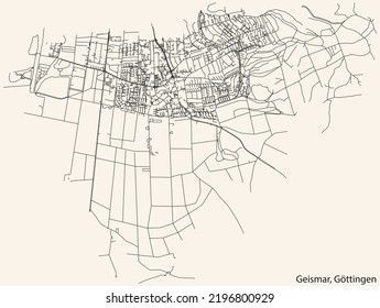 Detailed navigation black lines urban street roads map of the GEISMAR DISTRICT of the German regional capital city of Göttingen, Germany on vintage beige background