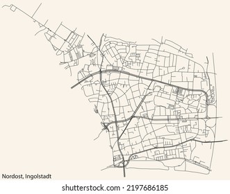 Detaillierte Navigation mit schwarzen Linien Stadtstraßen Karte des NORDOST DISTRICT der deutschen Hauptstadt Ingolstadt auf beigem Hintergrund