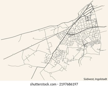 Detaillierte Navigation mit schwarzen Linien Stadtstraßen Karte des SÜDWEST DISTRICT der deutschen Landeshauptstadt Ingolstadt auf beigem Hintergrund