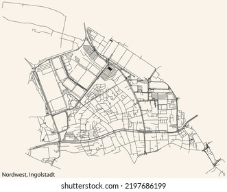 Detaillierte Navigation mit schwarzen Linien Stadtstraßen Karte des NORDWEST DISTRICT der deutschen Hauptstadt Ingolstadt auf beigem Hintergrund