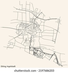 Detaillierte Navigation mit schwarzen Linien Stadtstraßen Karte des ETTING DISTRICT der deutschen Hauptstadt Ingolstadt auf beigem Hintergrund