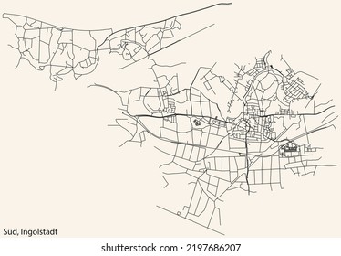 Detaillierte Navigation mit schwarzen Linien Stadtstraßenplan des SÜD DISTRICT der deutschen Hauptstadt Ingolstadt auf beigem Hintergrund