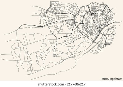 Detaillierte Navigation mit schwarzen Linien Stadtstraßen Karte des MITTE DISTRICT der deutschen Landeshauptstadt Ingolstadt auf beigem Hintergrund